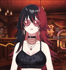 a girl with red hair is wearing sunglasses and a choker necklace