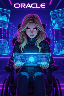 a woman in a wheelchair is sitting in front of a screen with oracle written on it