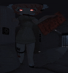 a drawing of a girl with red eyes holding a piece of paper that says ' eee ' on it