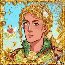 a cartoon of a man with a crown on his head is surrounded by gold flowers and hearts