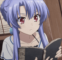 a girl with purple hair is reading a book with chinese characters on it