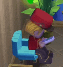 a cartoon character in a red hat is sitting in a chair