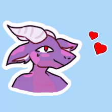 a drawing of a purple dragon with horns and two red hearts above it