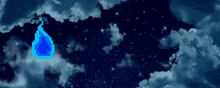 a pixel art of a blue flame in a cloudy sky