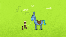 a cartoon drawing of a donkey and a cowboy on a grassy field