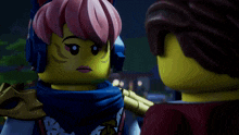 a close up of a lego character with pink hair and headphones
