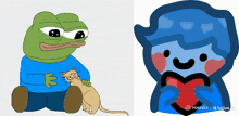 a cartoon of a frog holding a cat next to a cartoon of a blue character holding a heart
