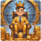 a man in a suit is sitting on a throne with a crown on his head surrounded by bitcoins