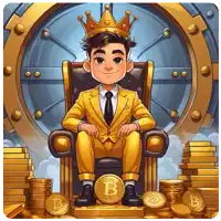 a man in a suit is sitting on a throne with a crown on his head surrounded by bitcoins