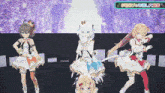 three anime girls are dancing in front of a sign that says ' aoi '