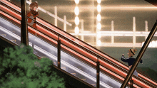 a couple of people standing on an escalator with a bridge in the background