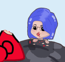 a cartoon girl with blue hair and glasses is eating a pizza