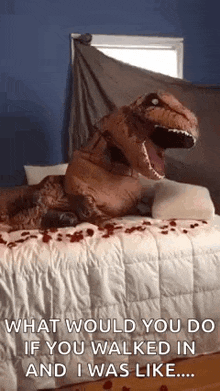 a t-rex costume is sitting on top of a bed with roses .