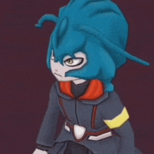a cartoon character with blue hair is wearing a black jacket and a red collar