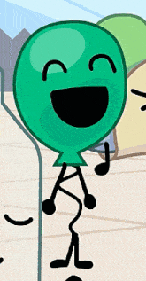 a green balloon with a stick figure behind it is laughing