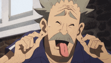 a man with a mustache is sticking out his tongue