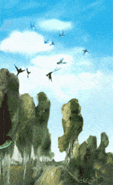 a painting of birds flying in the sky with the letters m and o on the bottom