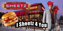 a poster for sheetz made to order with a sandwich and a man