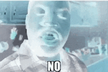 a man with a mask on his face is making a funny face and saying `` no '' .