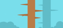 a cartoon character wearing a red and white hat is flying through the air between two trees