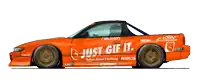 an orange car with the words just gif it written on it