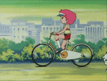 a cartoon girl with pink hair is riding a bike