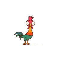 a cartoon rooster with big eyes and a red crest is standing on a white surface .