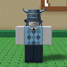 a cartoon character wearing a blue vest and a blue hat