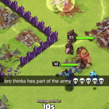 a screenshot of a video game with the words " bro thinks he 's part of the army " at the top