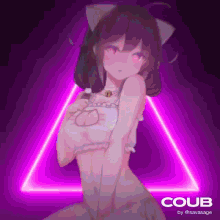 a girl with cat ears is standing in front of a neon sign .