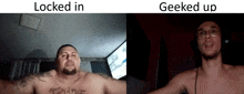 a picture of a shirtless man with a tattoo that says " loving " on it