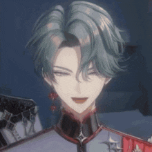a close up of a person 's face in a video game with blue hair .
