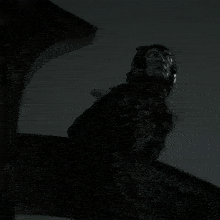 a black and white photo of a statue of a person with a bird on their head