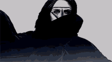 a black and white drawing of a woman with her face covered in a black veil .
