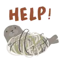 an illustration of a seal wrapped in a fishing net with the word help written above it