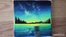 a painting of a lake with mountains in the background is made by chloe art