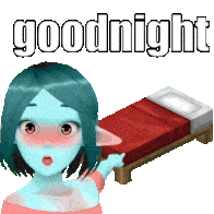 a cartoon girl is standing next to a bed and the words goodnight are above her