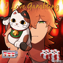 a cartoon of a man holding a cat with the words " i love gambling " on the bottom