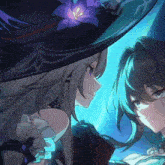 a witch with a purple flower on her hat is standing next to another witch