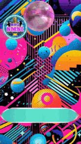 a colorful graphic with a disco ball in the middle of it