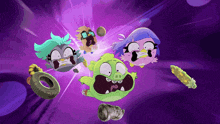 a group of cartoon characters are flying through a purple space
