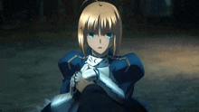 a girl with blonde hair is holding a sword and has the letter c on her chest