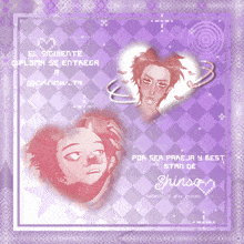 a purple checkered background with two drawings of shinso on it