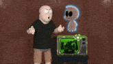 a cartoon character is standing in front of a television with a green face on it