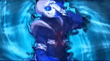 a cartoon character is standing in the water with a blue background .