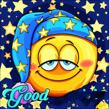 a cartoon smiley face wearing a blue hat with stars and the word good