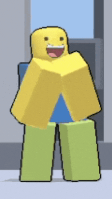 a cartoon character with a yellow head and green legs