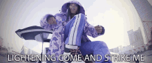 a woman in a purple jacket and pants says lightening come and strike me in the corner