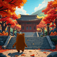 a cartoon bear is walking up a set of stairs to a building