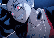 a close up of a cartoon character with red eyes and black spots